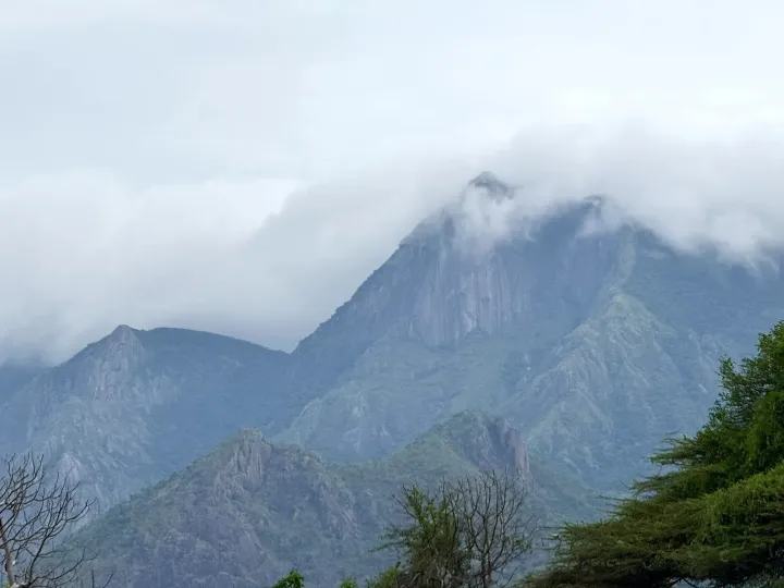 Rocky peaks of the Western Ghats half hidden in cloud